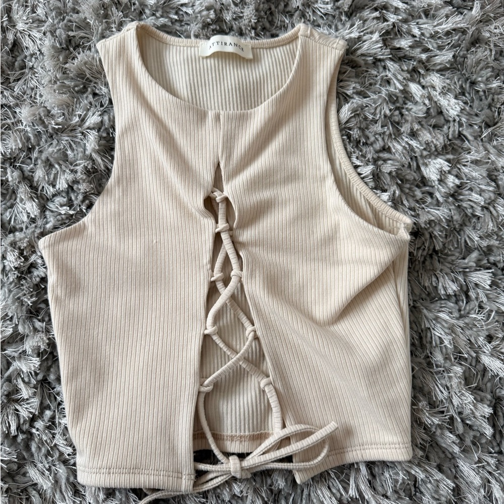 Stylish Beige Lace-Up Crop Top